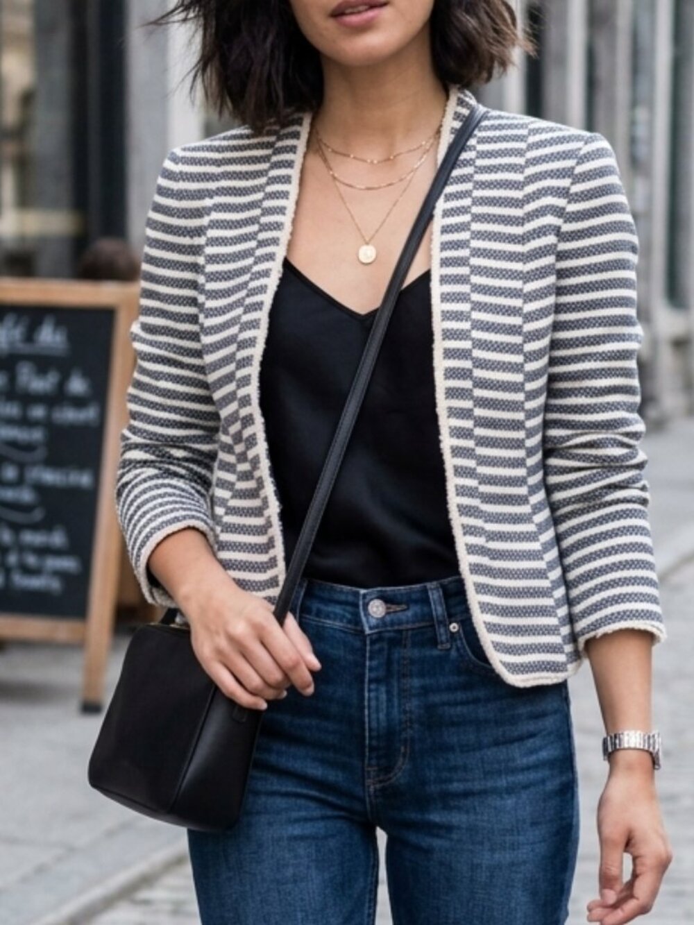 H&M Navy White Striped Open Front Tweed Crop Frayed Fringe Textured Blazer Sz 4